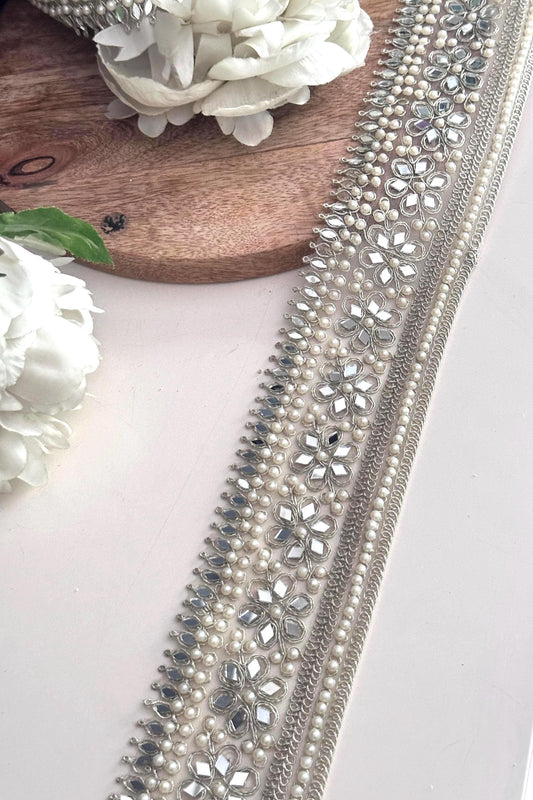 Floral Pearl Trim Light Gold Mirror Work Beaded