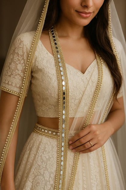 9 Yards Hand Embroidered Pearl Lace Trim Gold