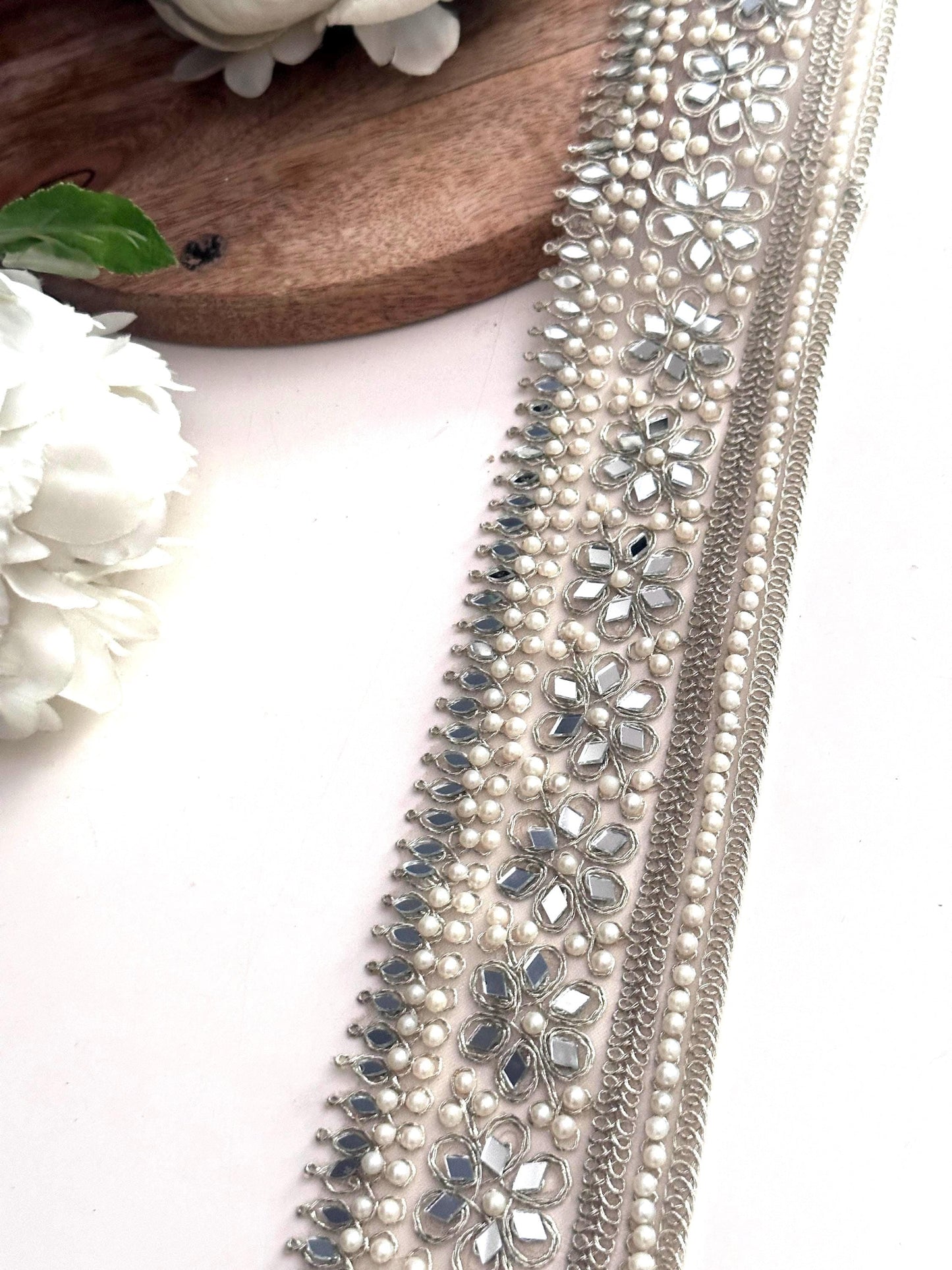 Floral Pearl Trim Light Gold Mirror Work Beaded