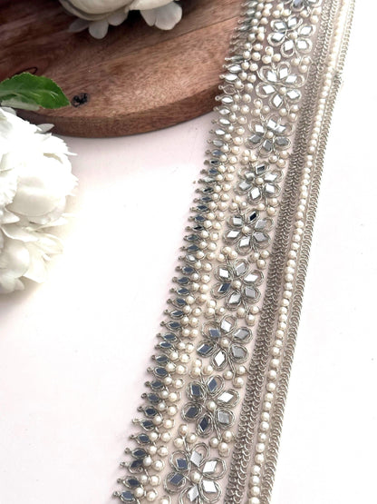 Floral Pearl Trim Light Gold Mirror Work Beaded