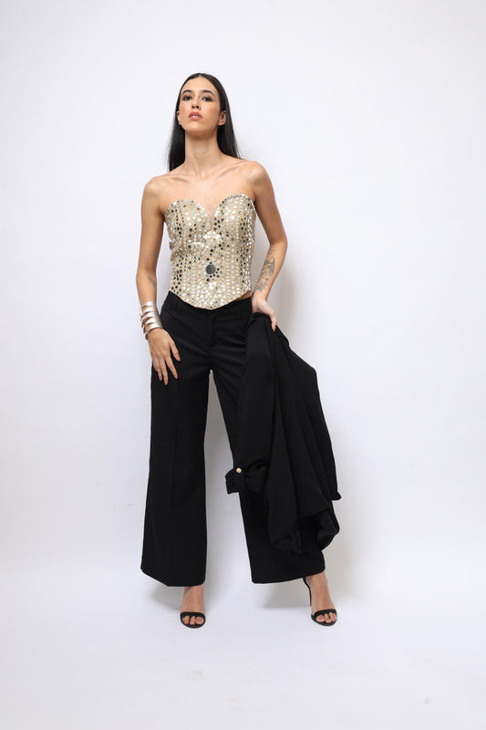 Handcrafted Mirror Work Corset Top Statement Gold Embellished Bustier for Party Designer Fusion & Festive Wear