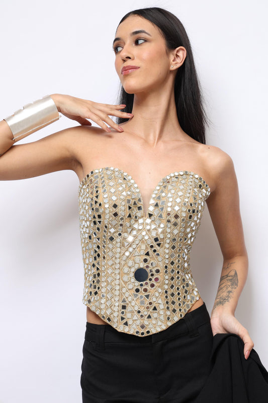 Handcrafted Mirror Work Corset Top Statement Gold Embellished Bustier for Party Designer Fusion & Festive Wear