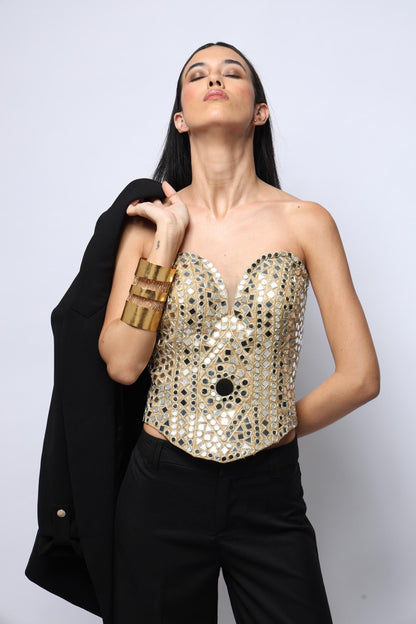 Handcrafted Mirror Work Corset Top Statement Gold Embellished Bustier for Party Designer Fusion & Festive Wear