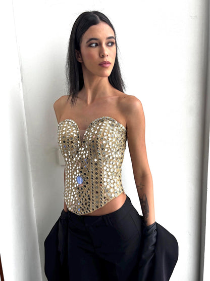 Handcrafted Mirror Work Corset Top Statement Gold Embellished Bustier for Party Designer Fusion & Festive Wear