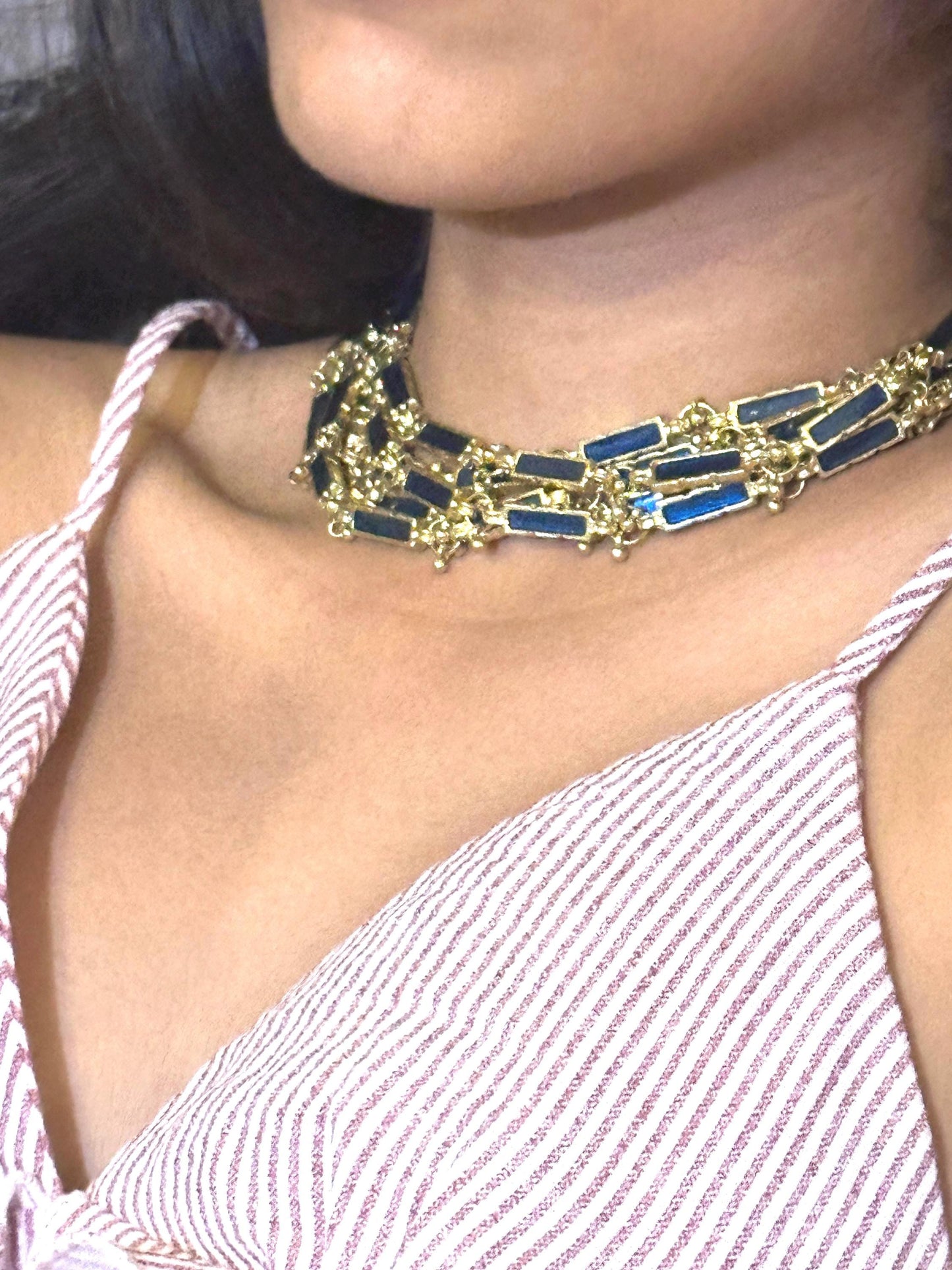 Handmade Gold & Blue Choker Necklace