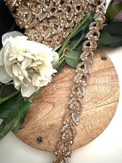 Gold Leaf Embroidered Lace Trim: Zardosi Sequins & Pearls Indian Zari Border