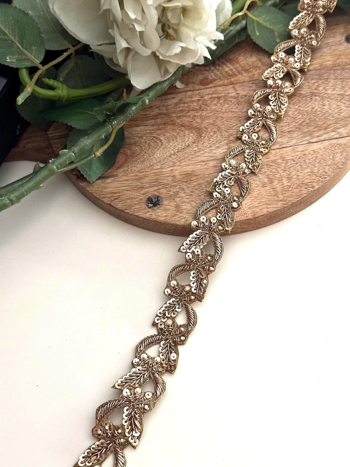 Gold Leaf Embroidered Lace Trim: Zardosi Sequins & Pearls Indian Zari Border