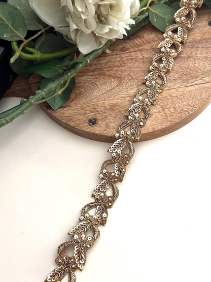 Gold Leaf Embroidered Lace Trim: Zardosi Sequins & Pearls Indian Zari Border