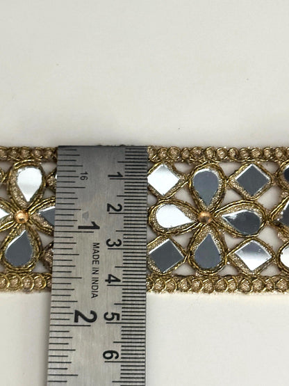 Handmade Gold Mirror Work Trim Zari Lace, 2 Inch