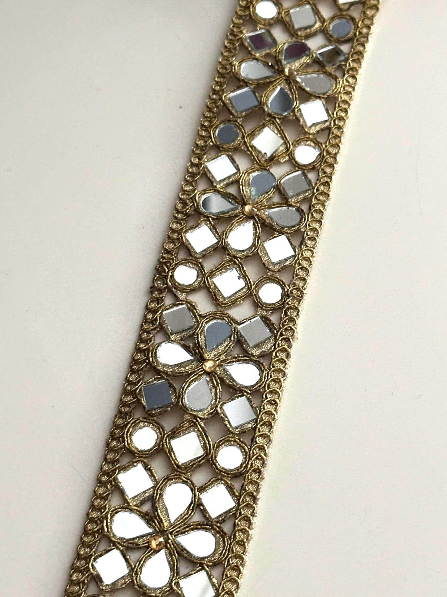 Handmade Gold Mirror Work Trim Zari Lace, 2 Inch