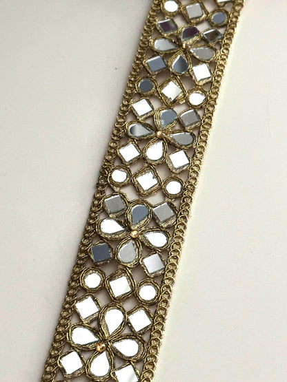 Handmade Gold Mirror Work Trim Zari Lace, 2 Inch