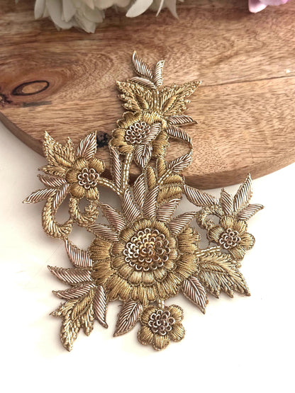 Gold Floral Applique Patch: Hand Embroidered Zardozi Sequin Embellishment