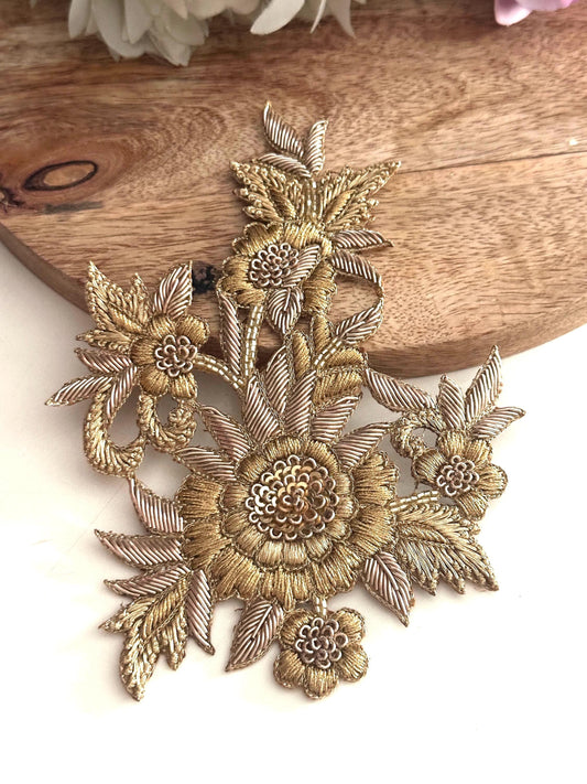 Gold Floral Applique Patch: Hand Embroidered Zardozi Sequin Embellishment