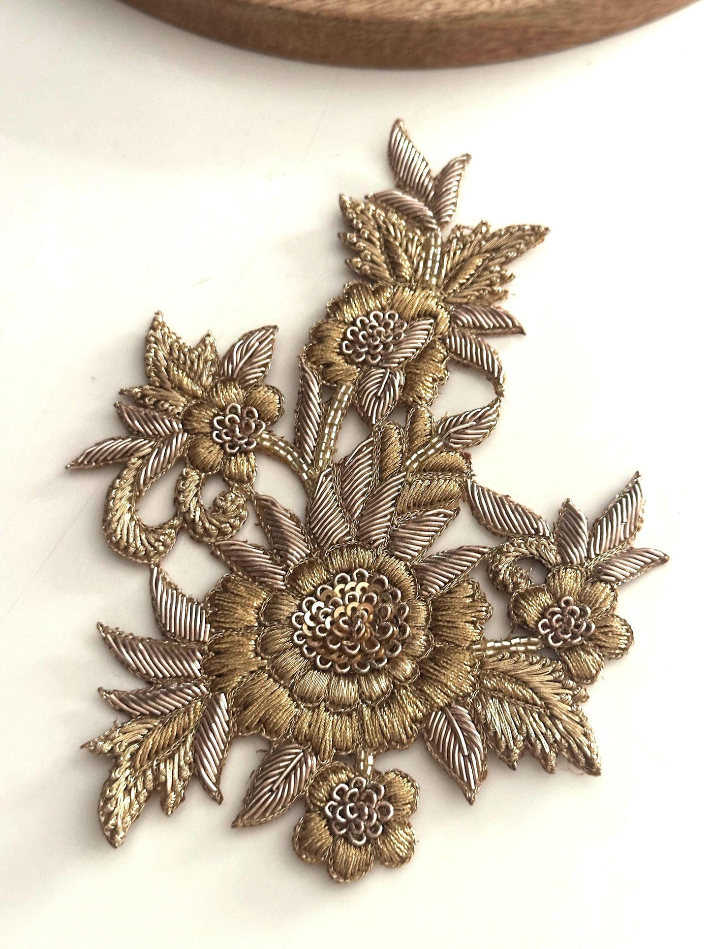 Gold Floral Applique Patch: Hand Embroidered Zardozi Sequin Embellishment
