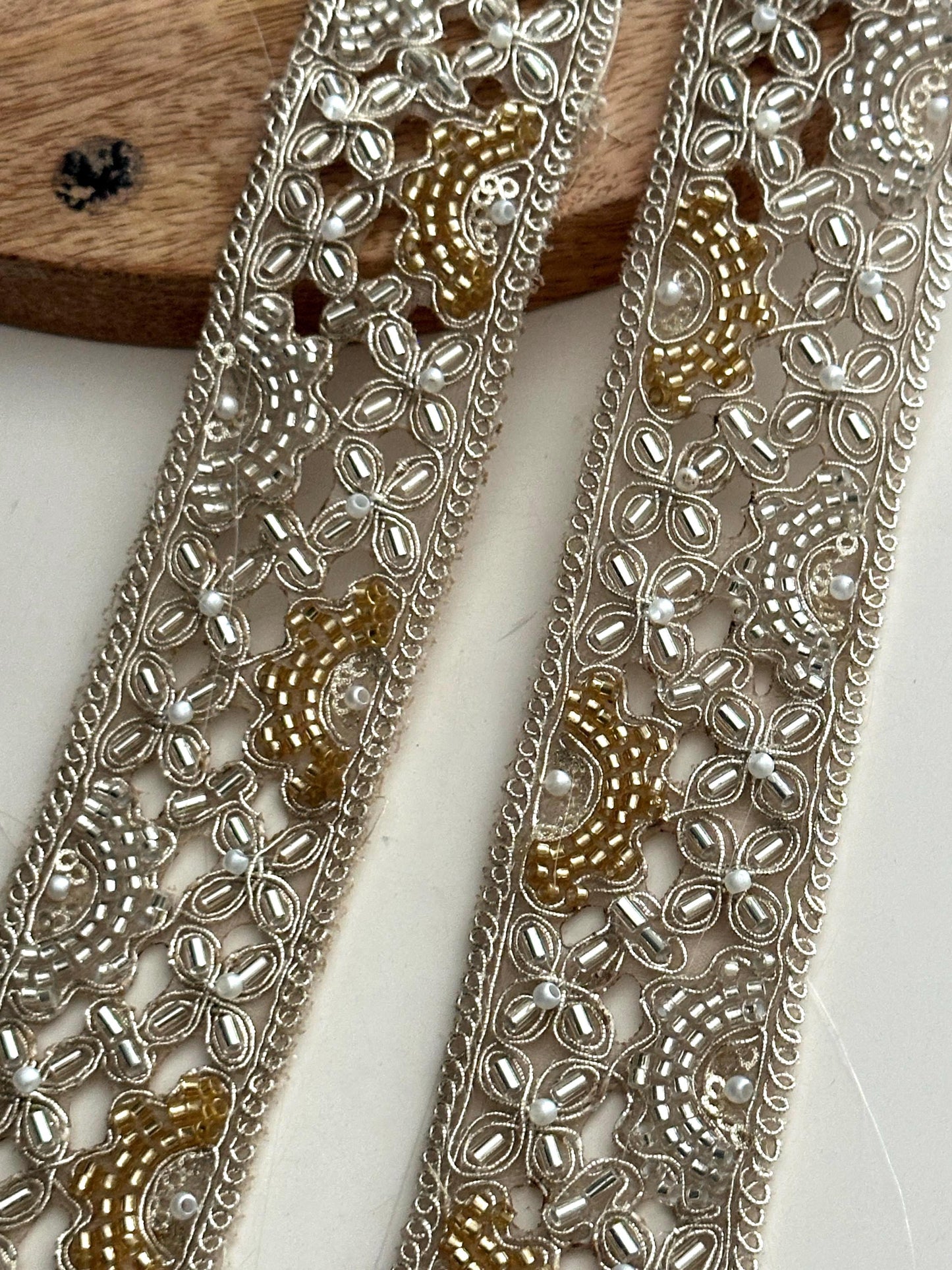 Pearl Embroidered Zari Lace Trim: Silver Gold Indian Bridal Border
