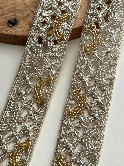 Pearl Embroidered Zari Lace Trim: Silver Gold Indian Bridal Border