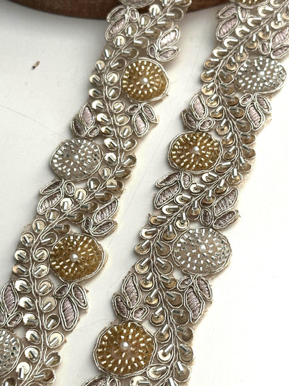 Floral Zari Lace Trim: Gold & Silver Embroidery, Pearls, Sequins