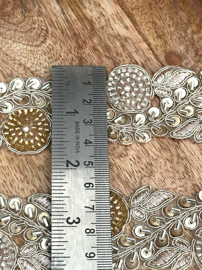 Floral Zari Lace Trim: Gold & Silver Embroidery, Pearls, Sequins