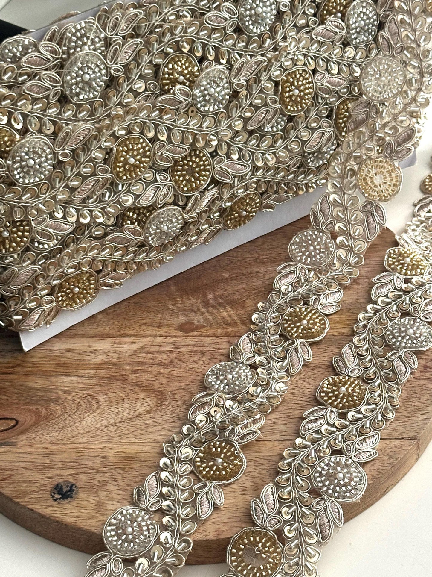 Floral Zari Lace Trim: Gold & Silver Embroidery, Pearls, Sequins