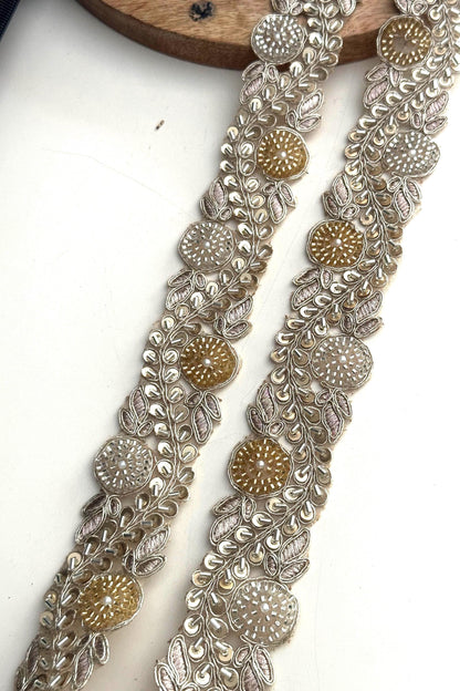 Floral Zari Lace Trim: Gold & Silver Embroidery, Pearls, Sequins
