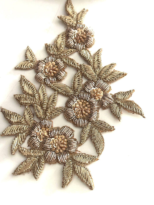 Gold Floral Zardozi Applique Patch