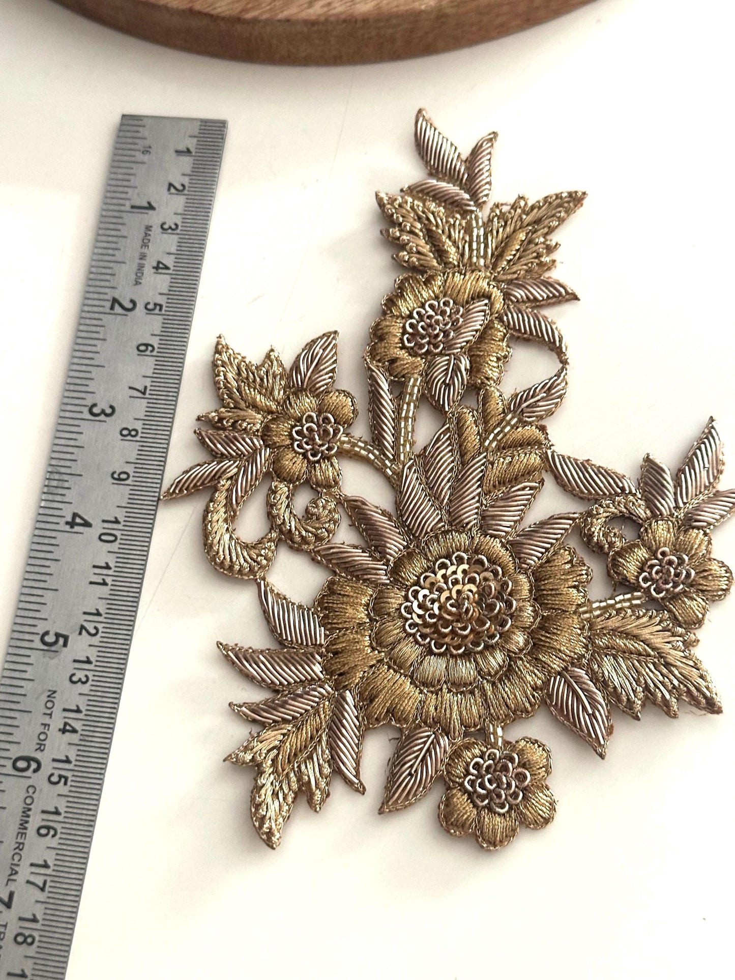 Gold Floral Applique Patch: Hand Embroidered Zardozi Sequin Embellishment