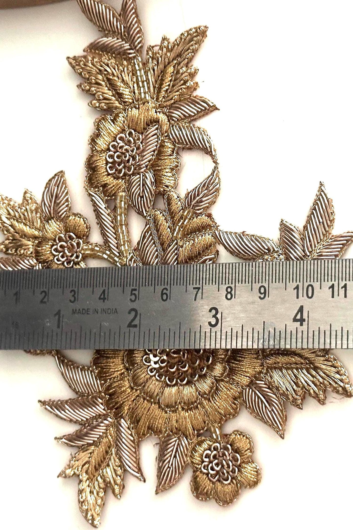 Gold Floral Applique Patch: Hand Embroidered Zardozi Sequin Embellishment