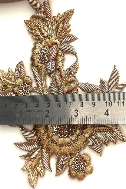 Gold Floral Applique Patch: Hand Embroidered Zardozi Sequin Embellishment