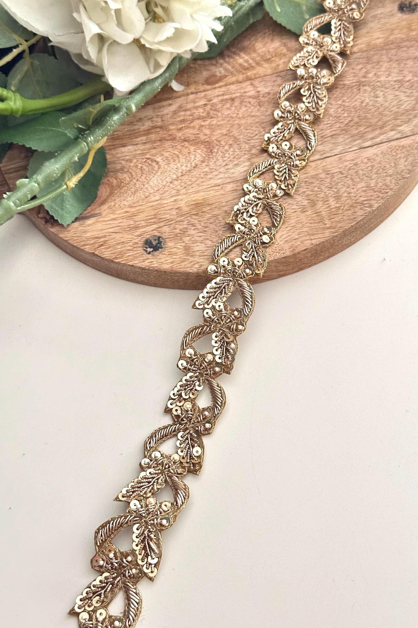 Gold Leaf Embroidered Lace Trim: Zardosi Sequins & Pearls Indian Zari Border