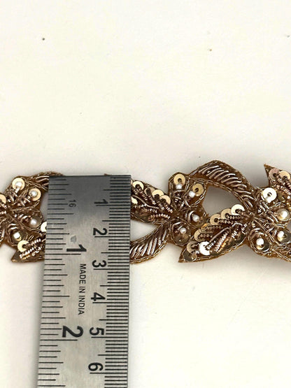 Gold Leaf Embroidered Lace Trim: Zardosi Sequins & Pearls Indian Zari Border