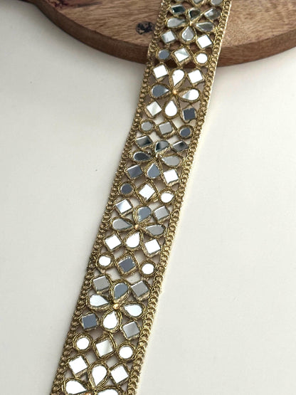 Handmade Gold Mirror Work Trim Zari Lace, 2 Inch
