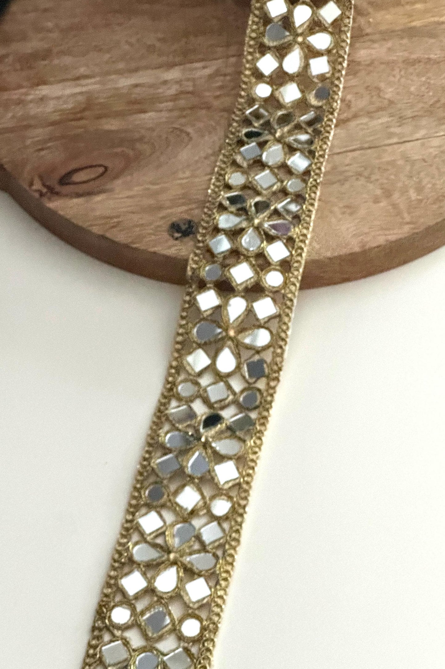 Handmade Gold Mirror Work Trim Zari Lace, 2 Inch