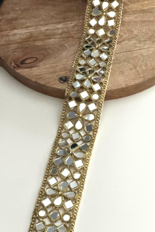 Handmade Gold Mirror Work Trim Zari Lace, 2 Inch