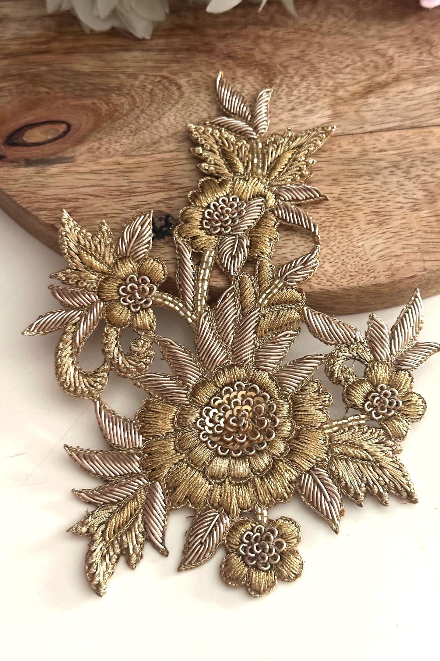 Gold Floral Applique Patch: Hand Embroidered Zardozi Sequin Embellishment