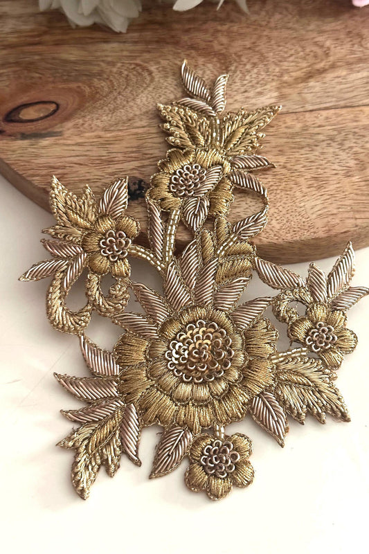 Gold Floral Applique Patch: Hand Embroidered Zardozi Sequin Embellishment