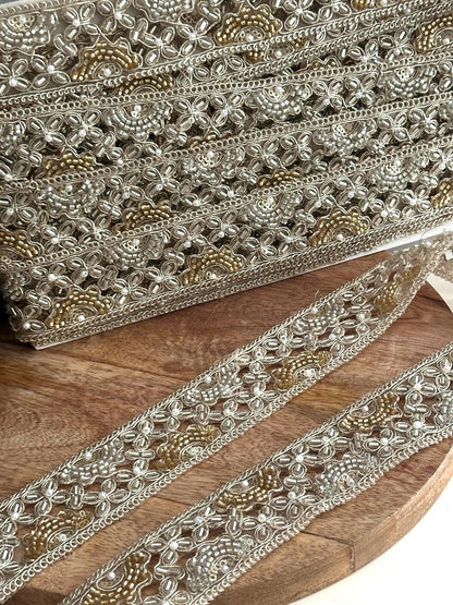 Pearl Embroidered Zari Lace Trim: Silver Gold Indian Bridal Border