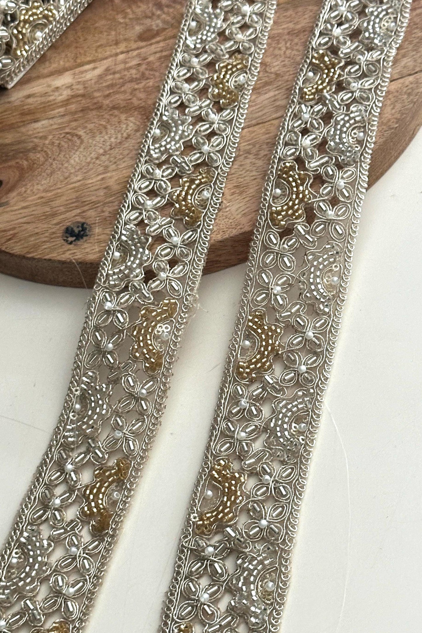 Pearl Embroidered Zari Lace Trim: Silver Gold Indian Bridal Border