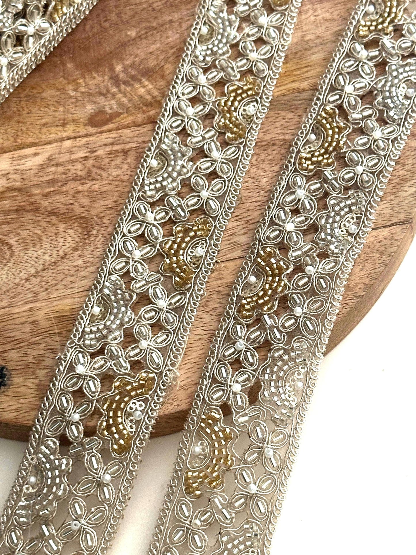 Pearl Embroidered Zari Lace Trim: Silver Gold Indian Bridal Border