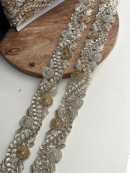 Floral Zari Lace Trim: Gold & Silver Embroidery, Pearls, Sequins