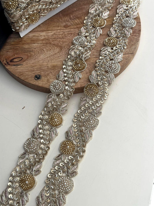 Floral Zari Lace Trim: Gold & Silver Embroidery, Pearls, Sequins