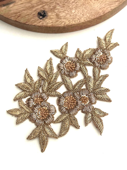 Gold Floral Zardozi Applique Patch