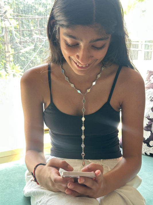 Mirror Work Long Y Necklace Diamond Shape Silver