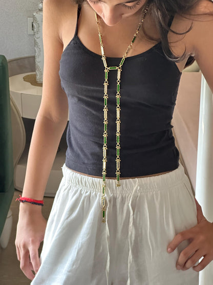 Green Mirror Work Long Necklace Double Strand Y Chain