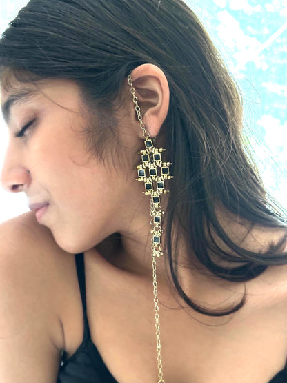 Statement Gold Ear Cuff Earring with Long Chain Black