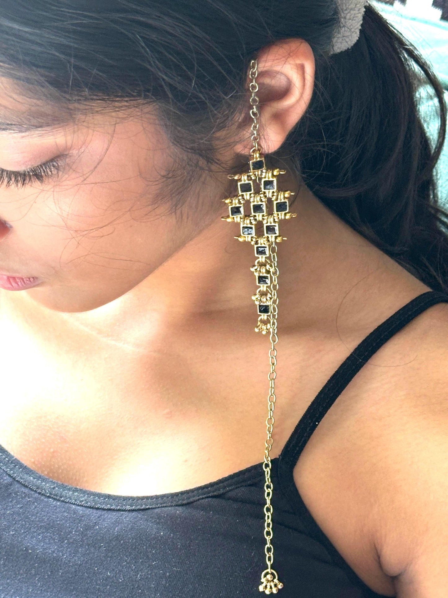 Statement Gold Ear Cuff Earring with Long Chain Black