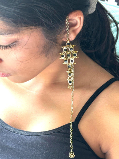 Statement Gold Ear Cuff Earring with Long Chain Black