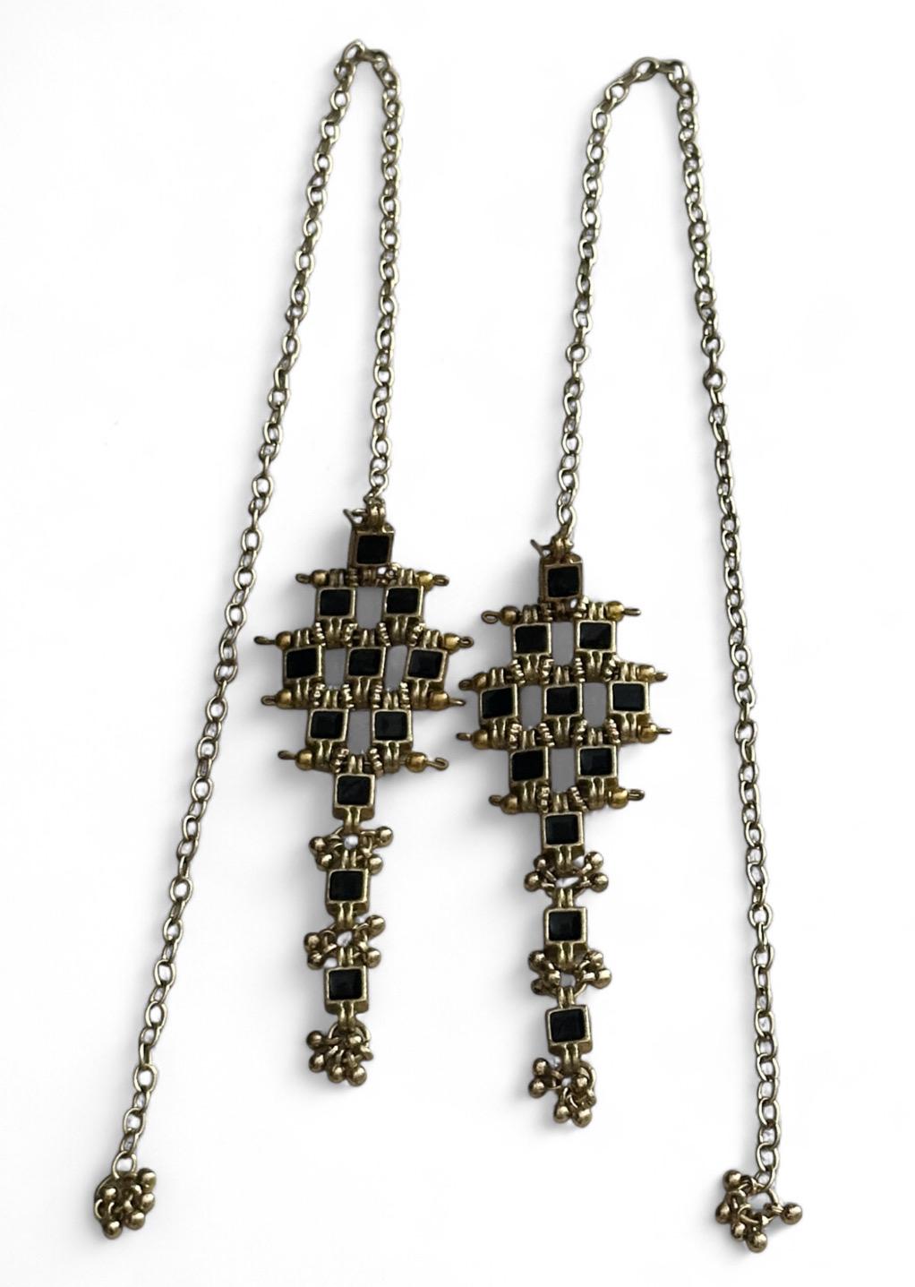 Statement Gold Ear Cuff Earring with Long Chain Black