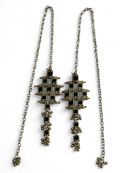 Statement Gold Ear Cuff Earring with Long Chain Black