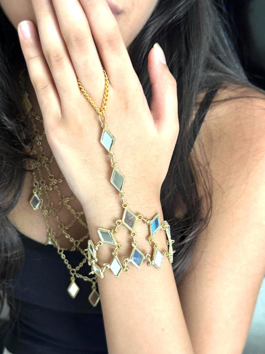 Mirror Work Hand Harness Bracelet Gold Plated Hand Cuff