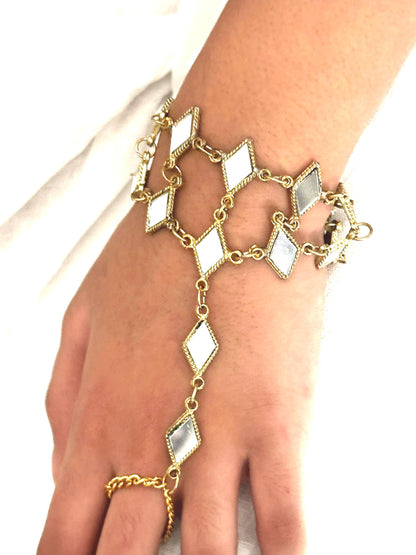 Mirror Work Hand Harness Bracelet Gold Plated Hand Cuff